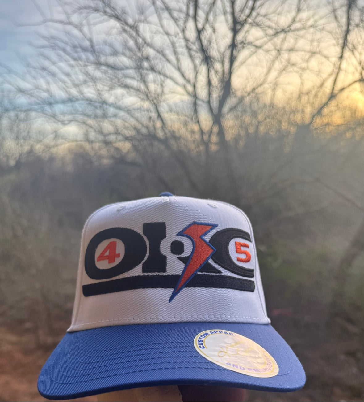 OKC Love snapback hat, white and blue with embroidered OKC 405 design, front view