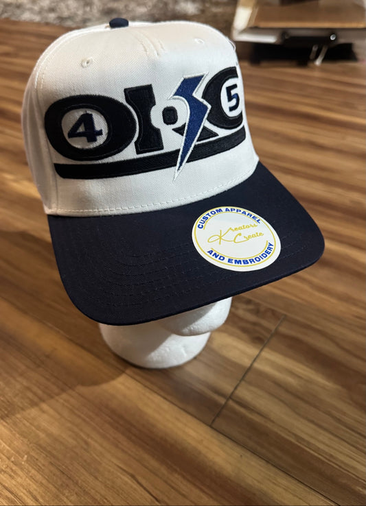 OKC Love snapback hat with navy brim and embroidered OKC 405 design, front view