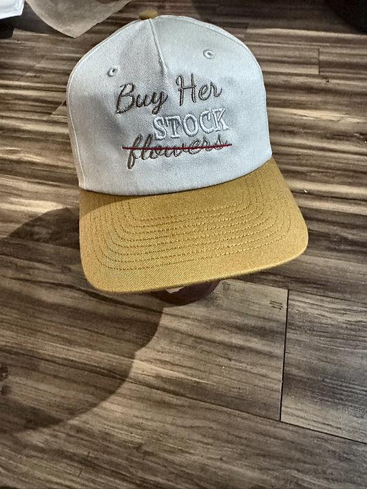 Buy Her Stock Not Flowers hat, front view with embroidered design